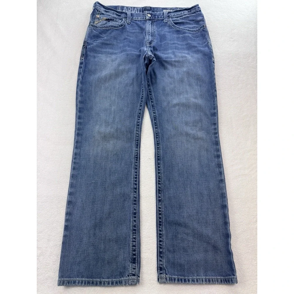 Ariat M4 Relaxed Boot Cut Jeans Men 38x34 Blue Whisker Distress Denim